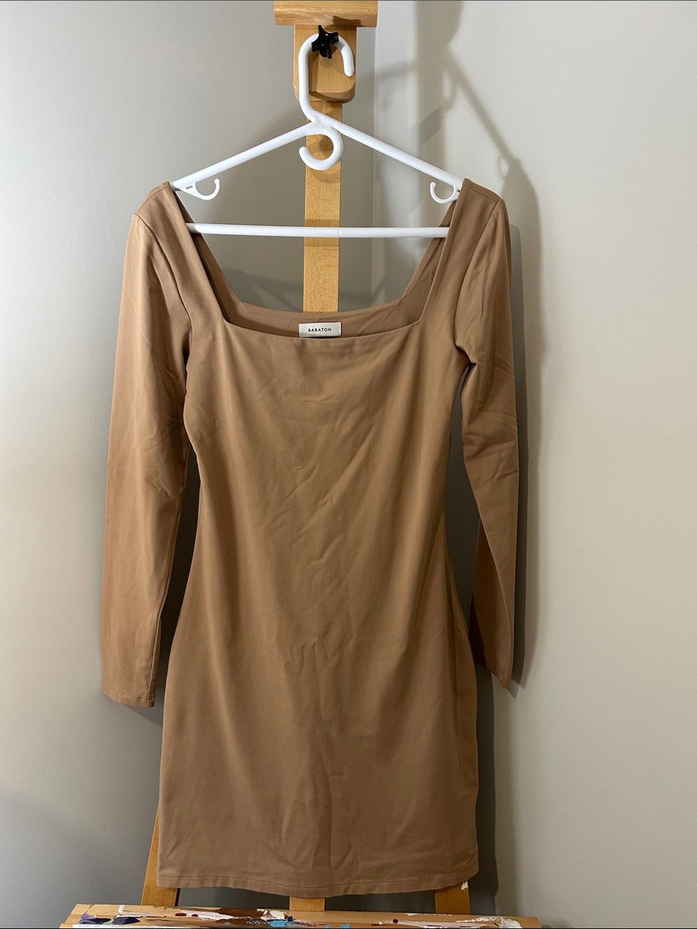 Babaton Contour Mini Dress with Square Neckline in Camel